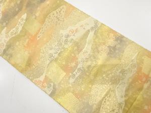 アンティーク　服部織物製　こはく錦　霞に菊・箔散らし模様織り出し袋帯（材料）